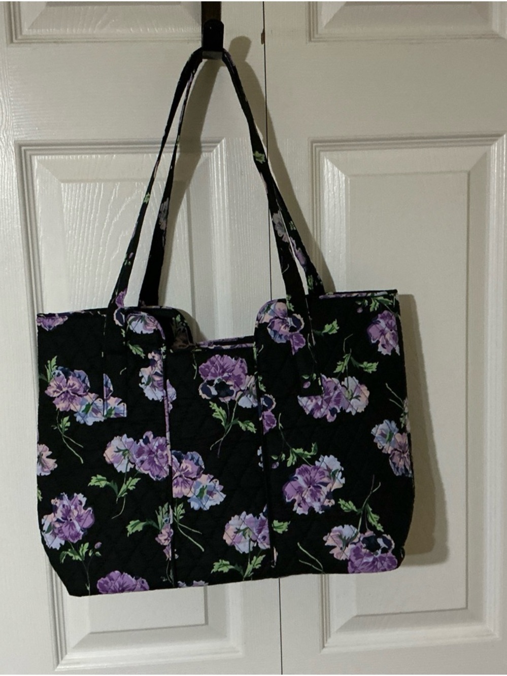 NWT Floral Quilted Tote Bag - Black with Purple Flowers
